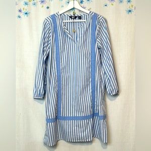 Lands End - Cotton Poplin Split-Neck Dress Sz LP - Chicory Blue Stripe